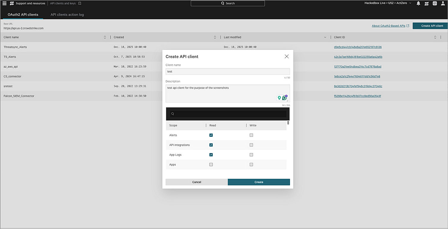 Screen shot of the Create API client dialog box with scopes selected